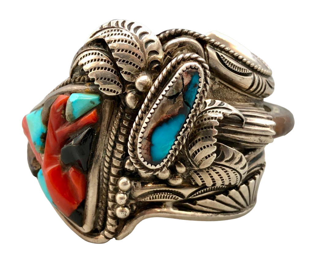 Lot 250F: Statement Carlos White Eagle Sterling Silver Bracelet With Turquoise, Coral And Claw