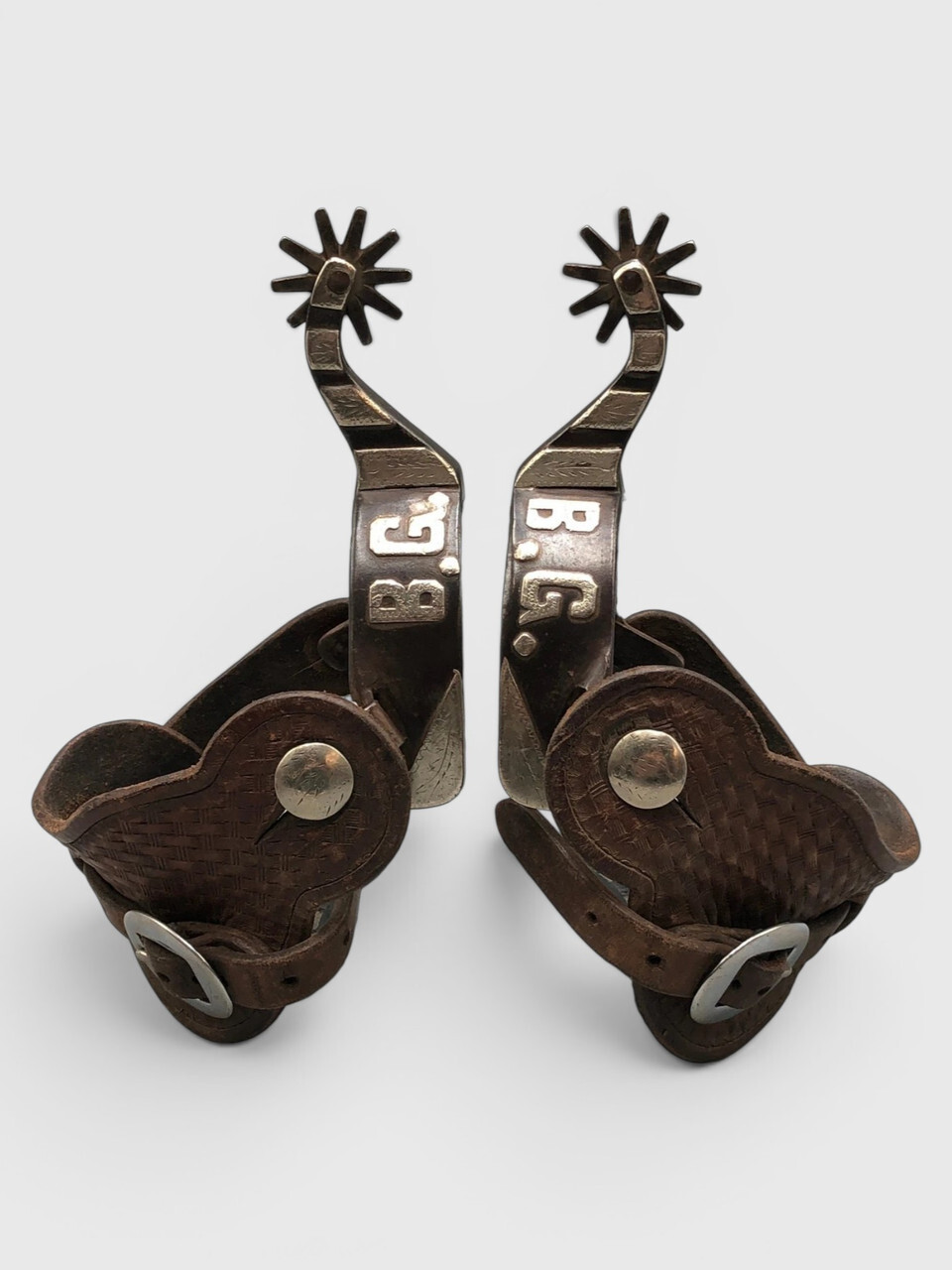 Benny Guitron’s personal Billy Klapper spurs with silver overlay and tooled leather straps