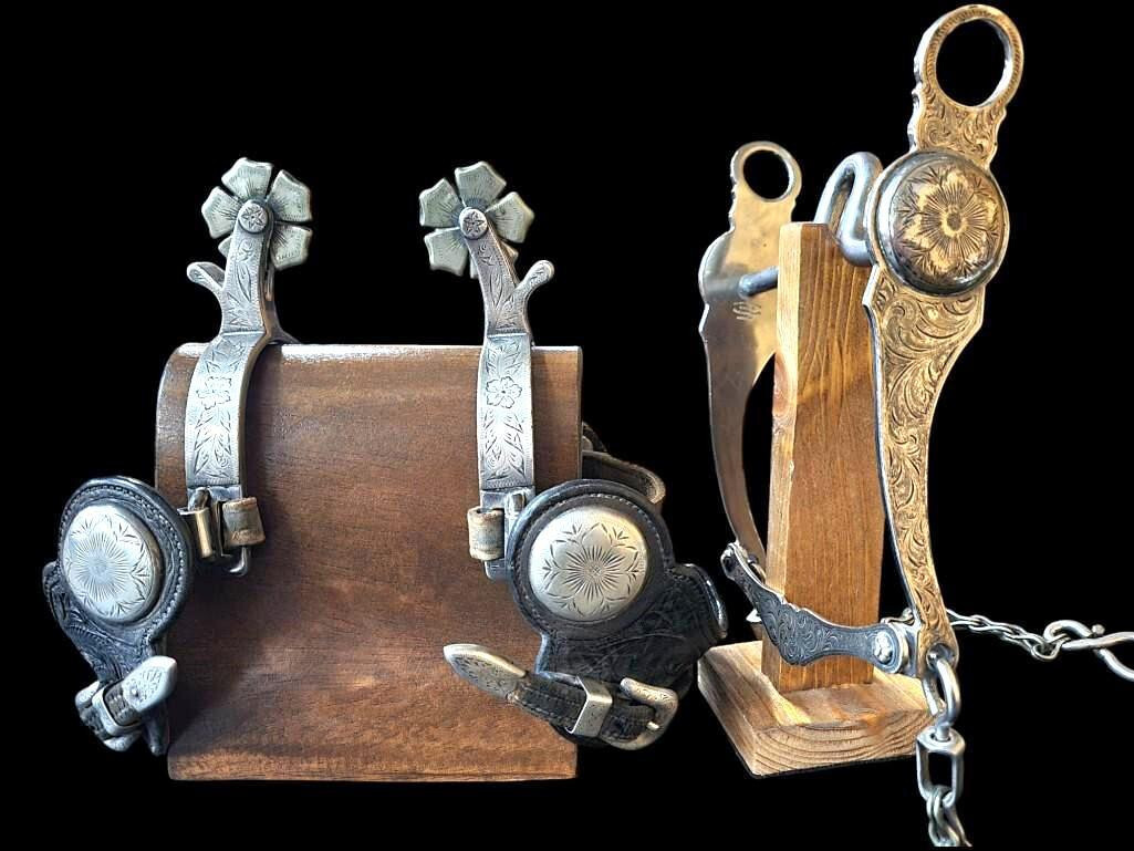 Bohlin bit and spur straps with engraved Crockett spurs