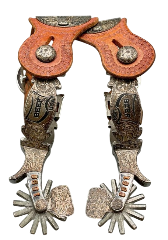 Custom Steve Schmitt Spurs For National Cattleman's Convention 2002 Phenomenal Custom Steve Schmitt Spurs For National Cattleman's Convention 2002 with engraved "ear tag" for the jingle bobs.